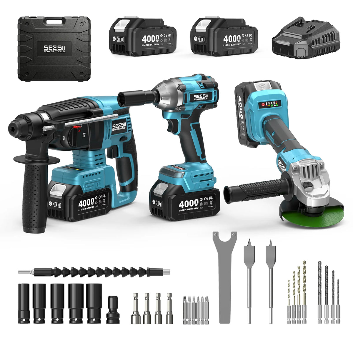 Seesii Cordless Hammer Drill Impact Wrench Grinder Combo Kit