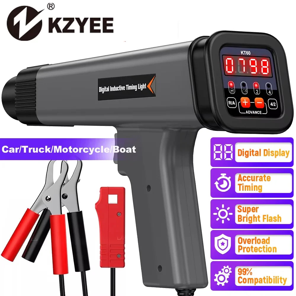 KZYEE KT60 Car Digital 2&4 Stroke Petrol Engine Timing Light 12V Auto Ignition Timing Light Inductive Strobe Lamp Detector