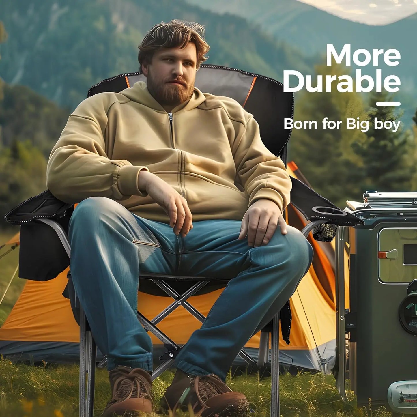 Heavy Duty Camping Chair 500LBS Capacity, Oversized Folding Chair for Heavy People, Padded Portable Outdoor Chair with Cooler Ba