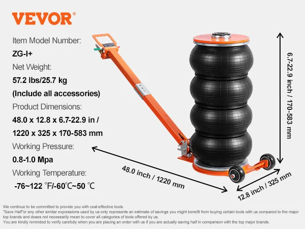 SucceBuy 6T Air Jack, 2-5 S Pneumatic Lifting Jack with Heightened Column & Adjustable Handle Thick Rubber Pad Fit for Sedan SUV
