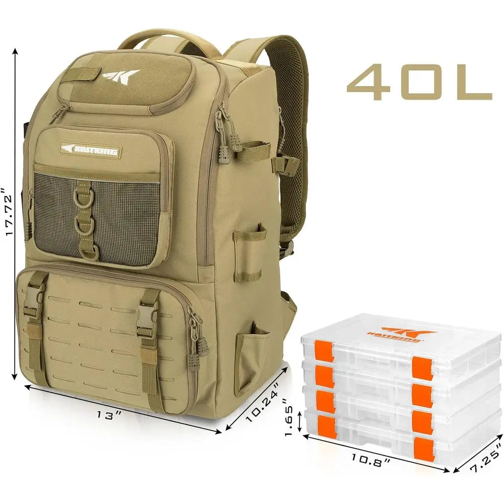Tackle Backpack with Rod Holder, 4 Tackle Boxes, 40/26L Storage for Fishing Gear and Equipment