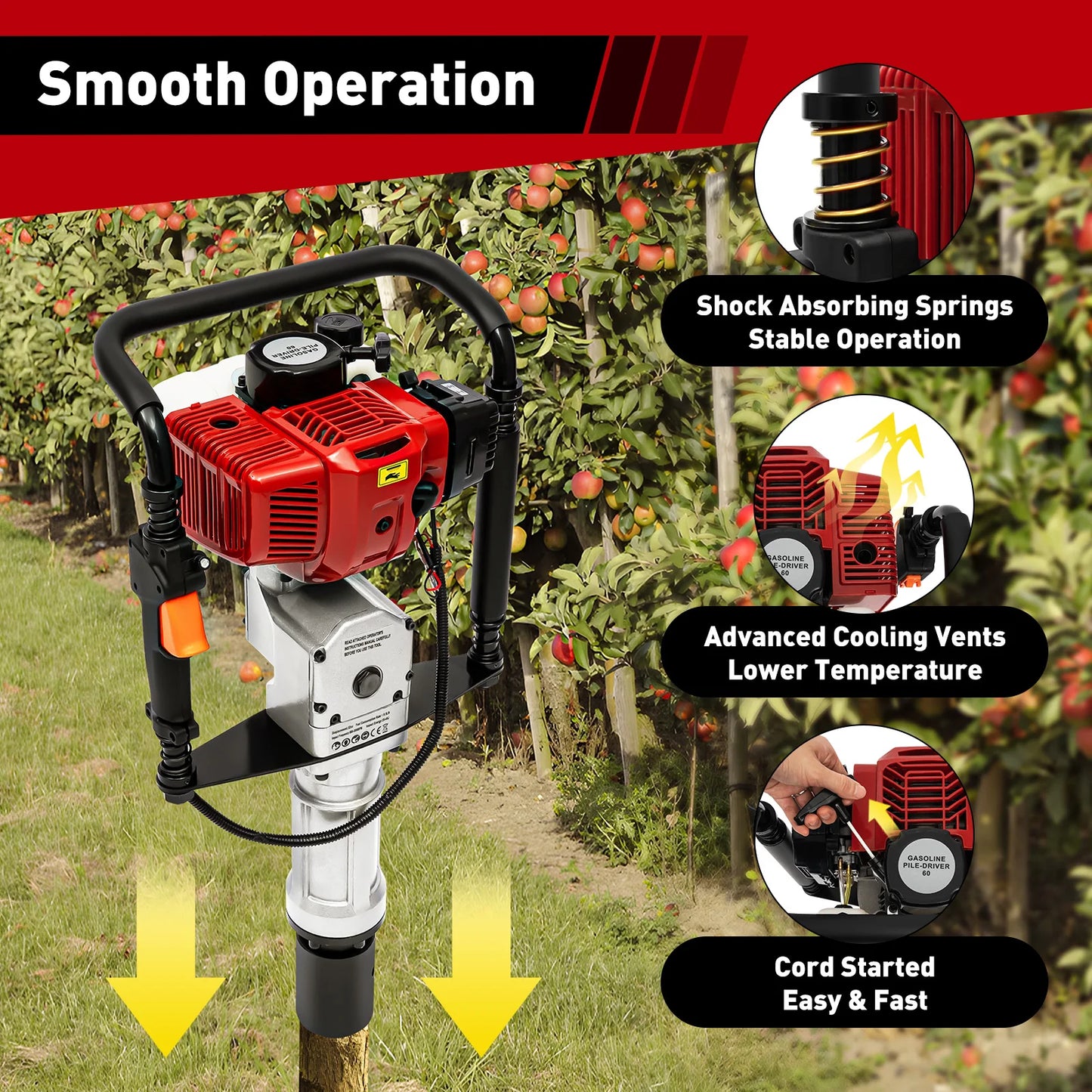 52CC Pile Driver 55-70mm Sleeve1900W 52CC Two-Stroke Engine Suitable For Professional Or Daily Household Users Fences Star Etc