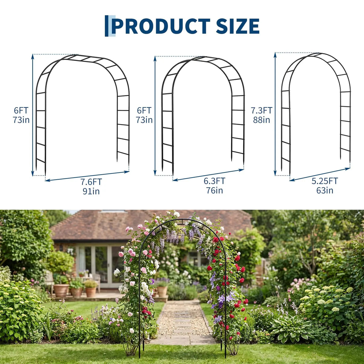 7.3FT Heavy Duty Garden Arch Arbor Trellis, 13mm Thick Steel Climbing Plant Support For Wedding Lawn Patio Party Flower Decor