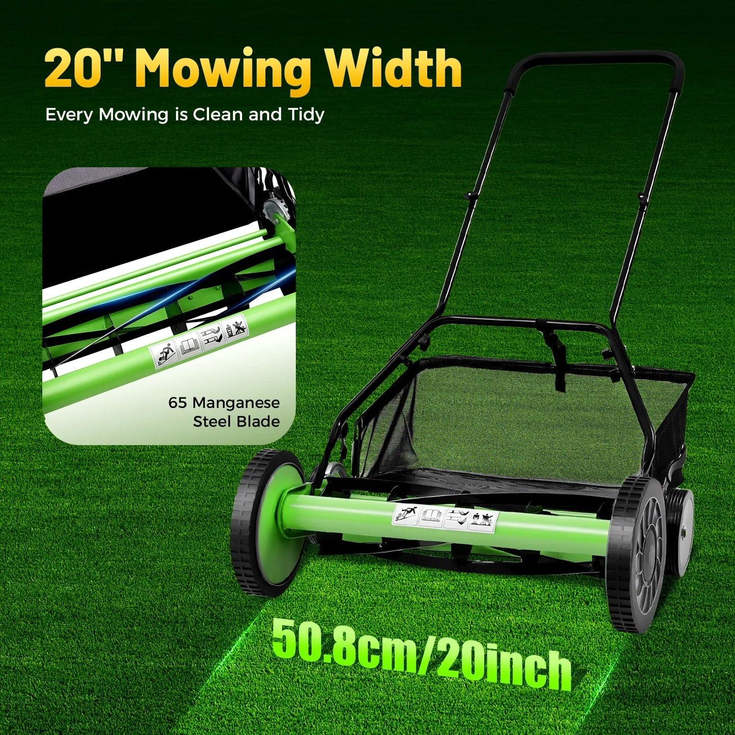 Walk-Behind Lawn Mower with 65 Manganese Steel Blades, Adjustable Height, Quiet Operation