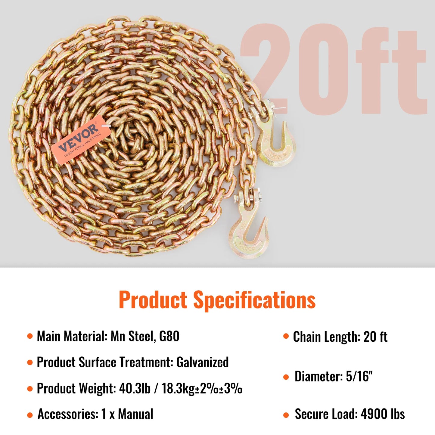 SucceBuy Binder Chain Trailer Tow Zinc Plated Heavy Duty Truck with Grab Hooks for Logging Binder Tie Down Transport Flatbed