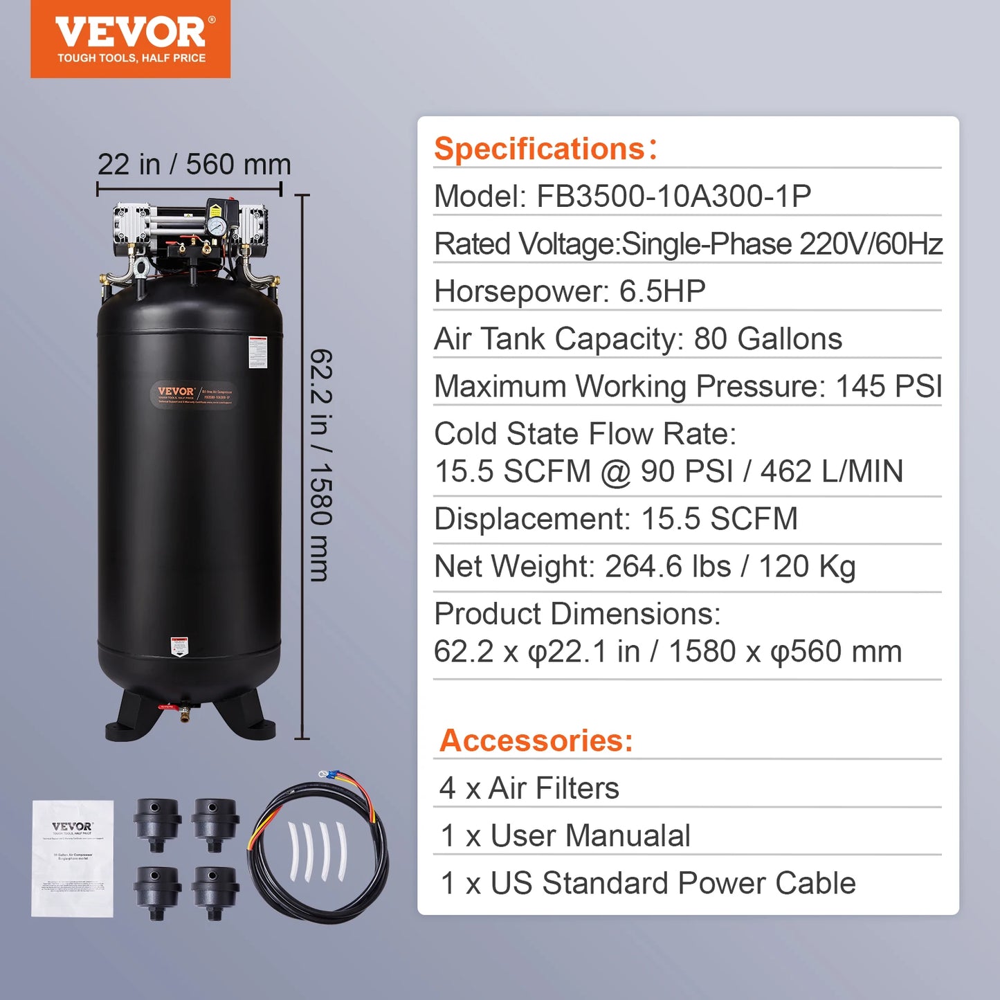 SucceBuy 80 Gallon Air Compressor 6.5HP 145PSI Oil Free Air Compressor Ultra Quiet Compressor for Industrial Sites Auto Repair