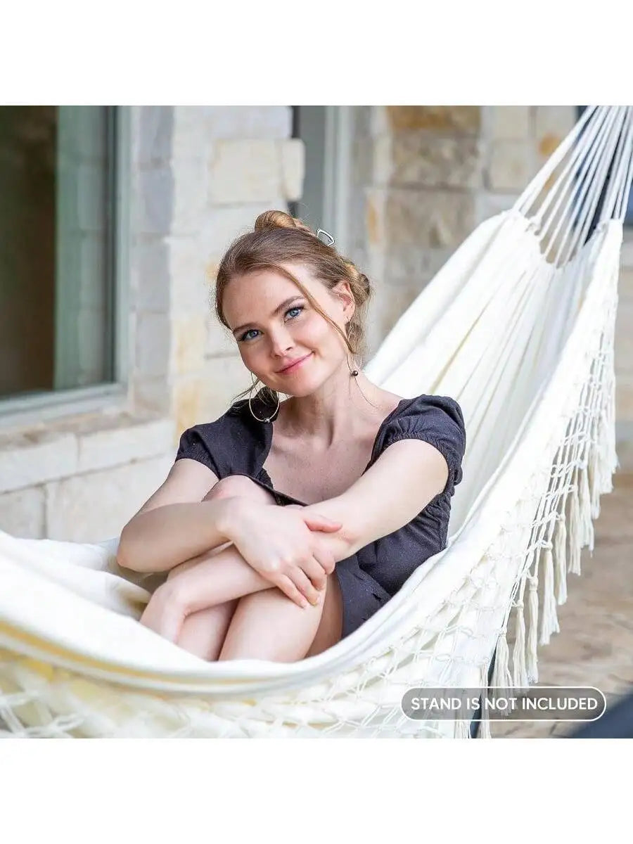 Portable Heavy Duty 2 Person Camping Hammock With Tassels Beige