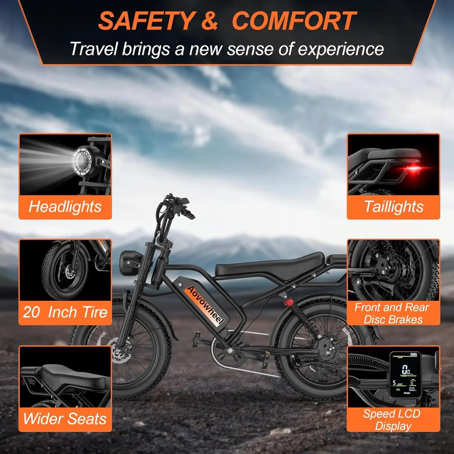 AOVOWHEEL AW2PROElectric Bike 1500W 20" Fat Tire 31mph Top Speed 70 Miles Range for Road Sand Mountain Snow Electric Motorcycle