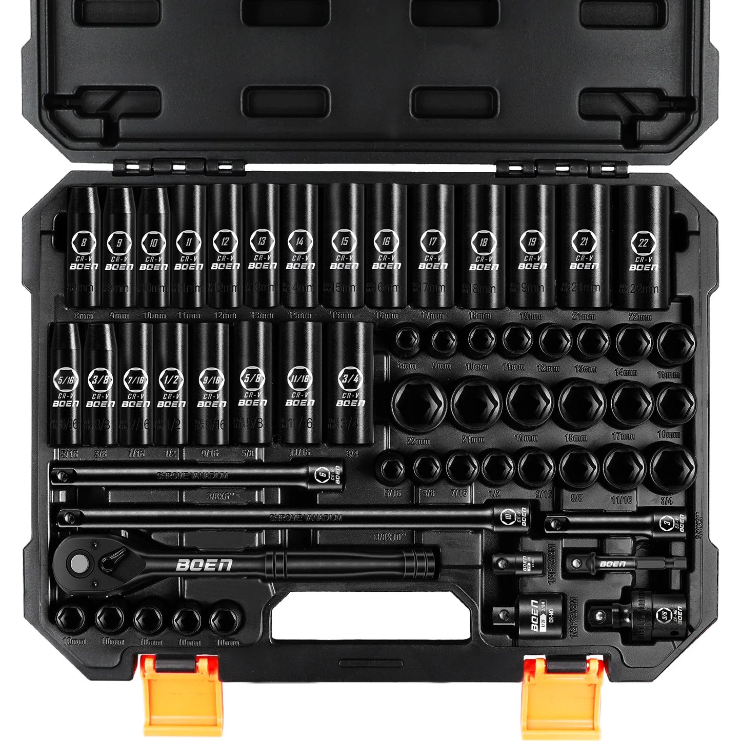 BOEN 3/8" Drive Impact Socket Set, 57-Piece Standard SAE (5/16 to 3/4 inch) and Metric (8-22mm), Include Ratchet Handle,