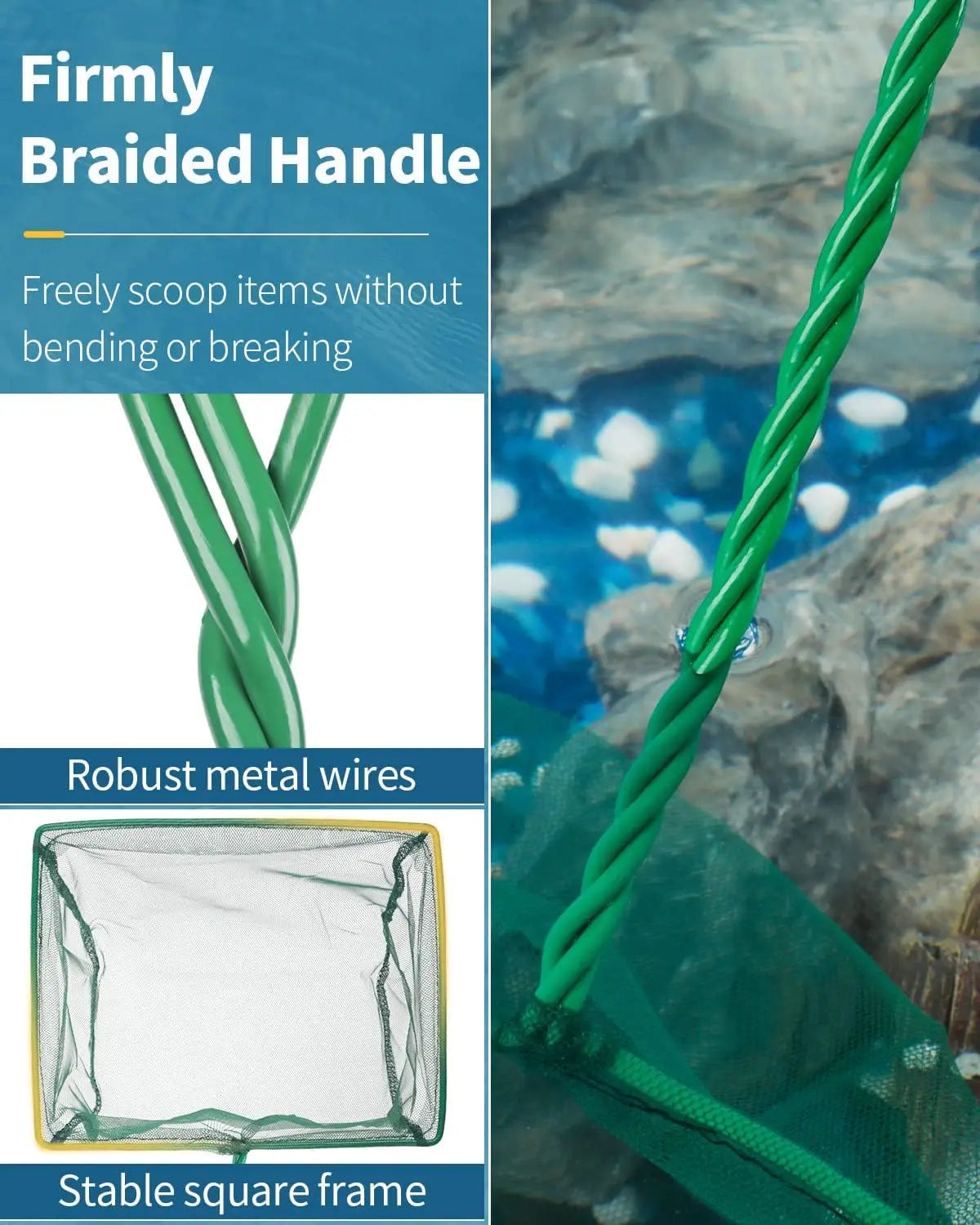 Aquarium Fish Net with Braided Metal Handle for Cleaning Tanks and Ponds
