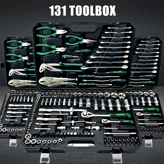 131-Piece Chrome Vanadium Steel 72-Tooth Quick Ratchet Wrench Dual-purpose Wrench Link Pearl Nickel Sleeve Tool Set