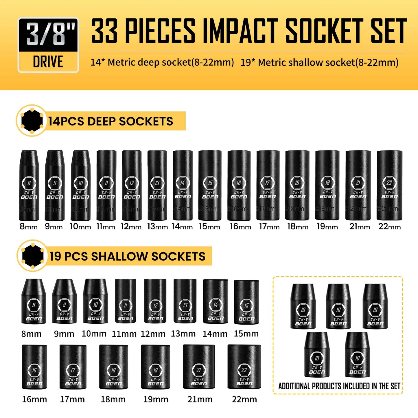 BOEN 3/8" Drive Impact Socket Set, 57-Piece Standard SAE (5/16 to 3/4 inch) and Metric (8-22mm), Include Ratchet Handle,