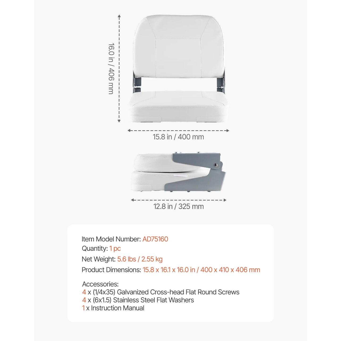 SucceBuy Boat Seat Low Backrest Folding Fishing Seat w/ Thickened Sponge Cushion&PU Polyester Fabric PP Frame Flip Up Boat Seat