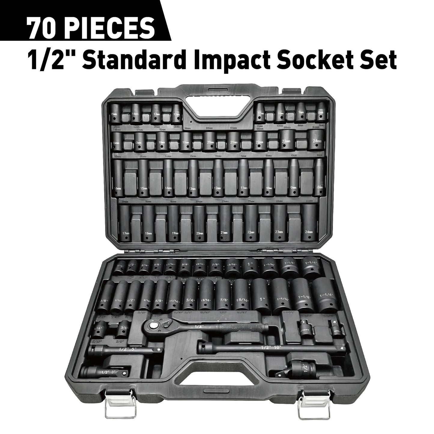 70PCs 1/2" Drive Impact Socket Set Socket Set SAE (5/16" -1-1/4")& Metric (8-24mm) 6 Point Cr-V Alloy Steel Auto Repair