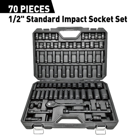 70PCs 1/2" Drive Impact Socket Set Socket Set SAE (5/16" -1-1/4")& Metric (8-24mm) 6 Point Cr-V Alloy Steel Auto Repair