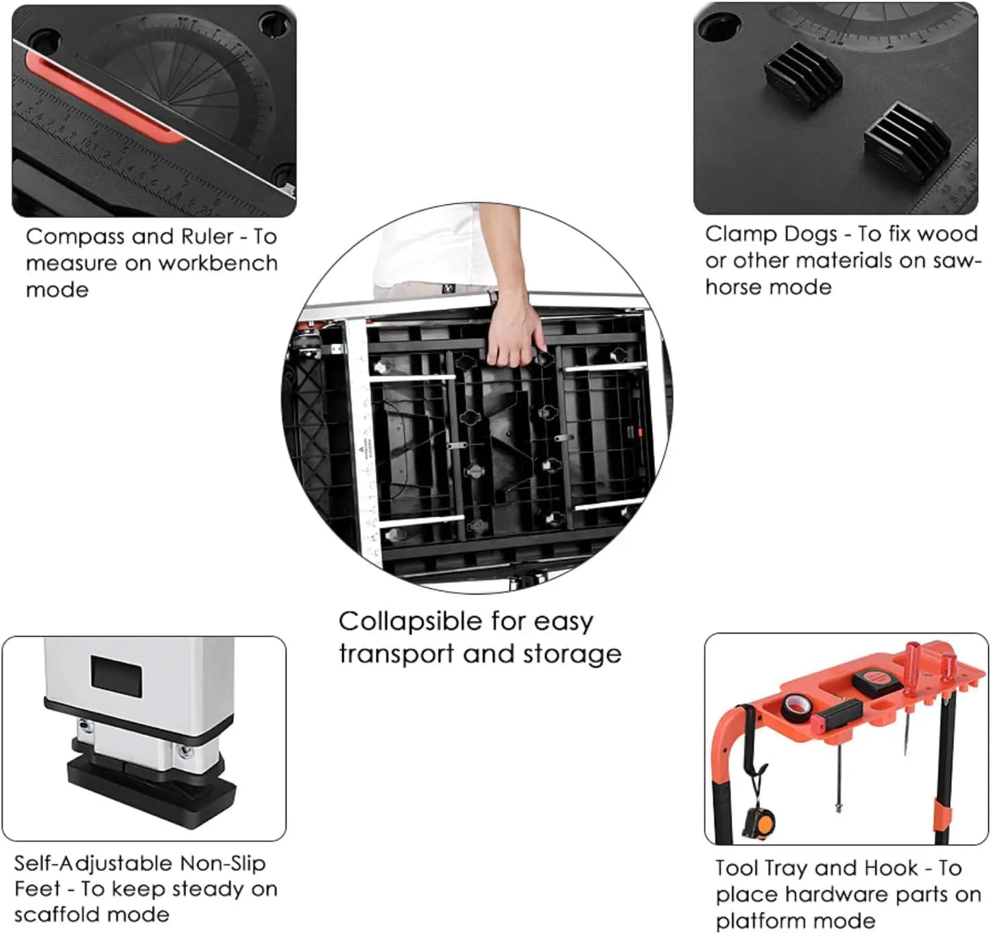Multifunctional Folding Work Table, 7 in 1 Work Benches for Garage Car Creeper, Portable Workbench, Sawhorse, Scaffold, Platform