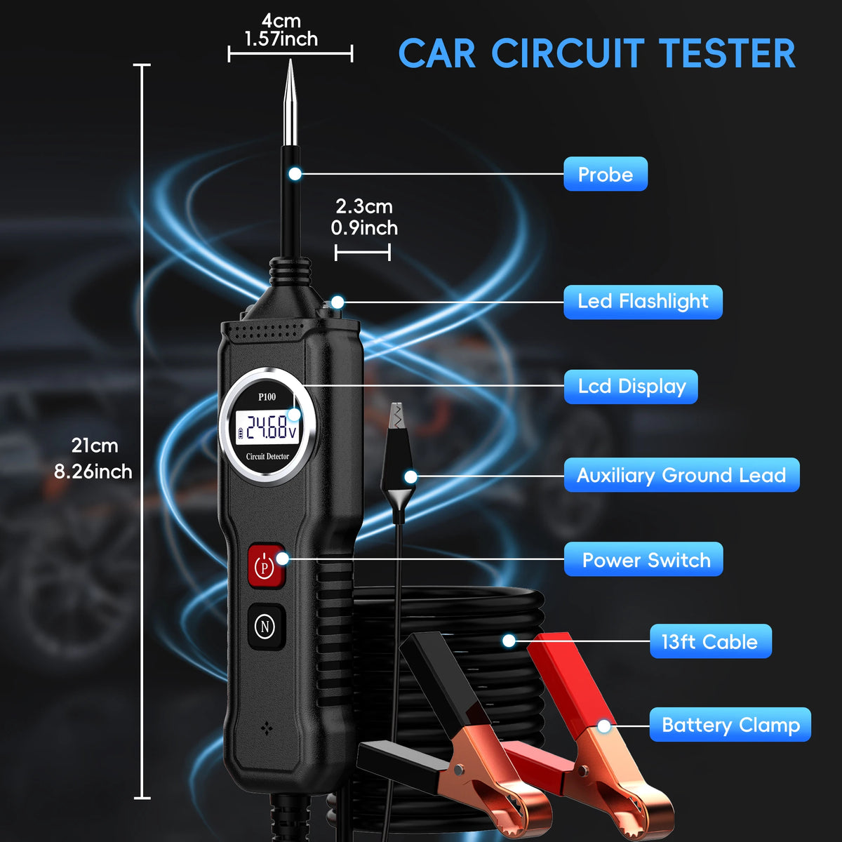 Power Circuit Probe Tester, 6V-24V DC Automotive Car Electric Fuse & Voltage Tester with LED Test Light, HD LCD Readout, Overload Protection, Short Circuit Finder with 14.7FT Cable