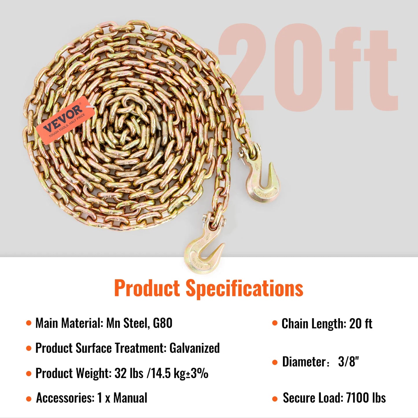 SucceBuy Binder Chain Trailer Tow Zinc Plated Heavy Duty Truck with Grab Hooks for Logging Binder Tie Down Transport Flatbed