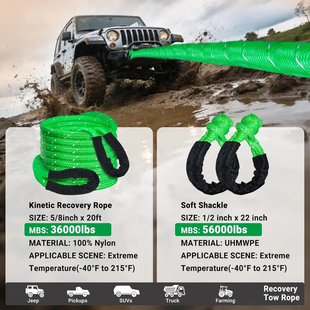 5/8" x 20ft Kinetic Recovery Tow Rope 36000lbs Snatch Strap with 2 Soft Shackles 56000lbs Break Strength Heavy Duty Offroad Towing Rope Kit for Truck ATV UTV