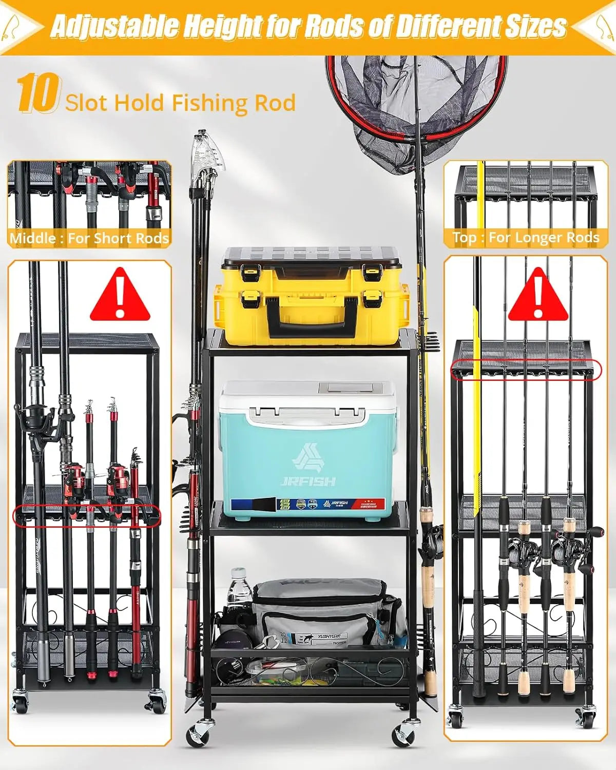 Adjustable Fishing Rod Holder for 10 Rods - Garage, Basement, or Indoor Storage Organizer