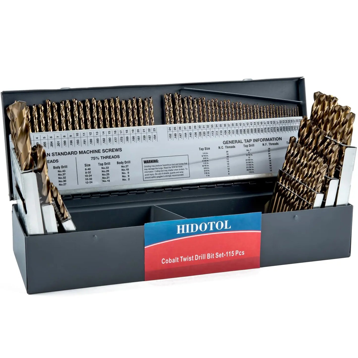 115PCS Cobalt Drill Bit Set M35 HSS for Hardened Steel, Fractional 1/16"-1/2", Letter A-Z, Wire #1-#60 with Metal Case