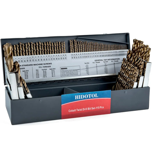 115PCS Cobalt Drill Bit Set M35 HSS for Hardened Steel, Fractional 1/16"-1/2", Letter A-Z, Wire #1-#60 with Metal Case