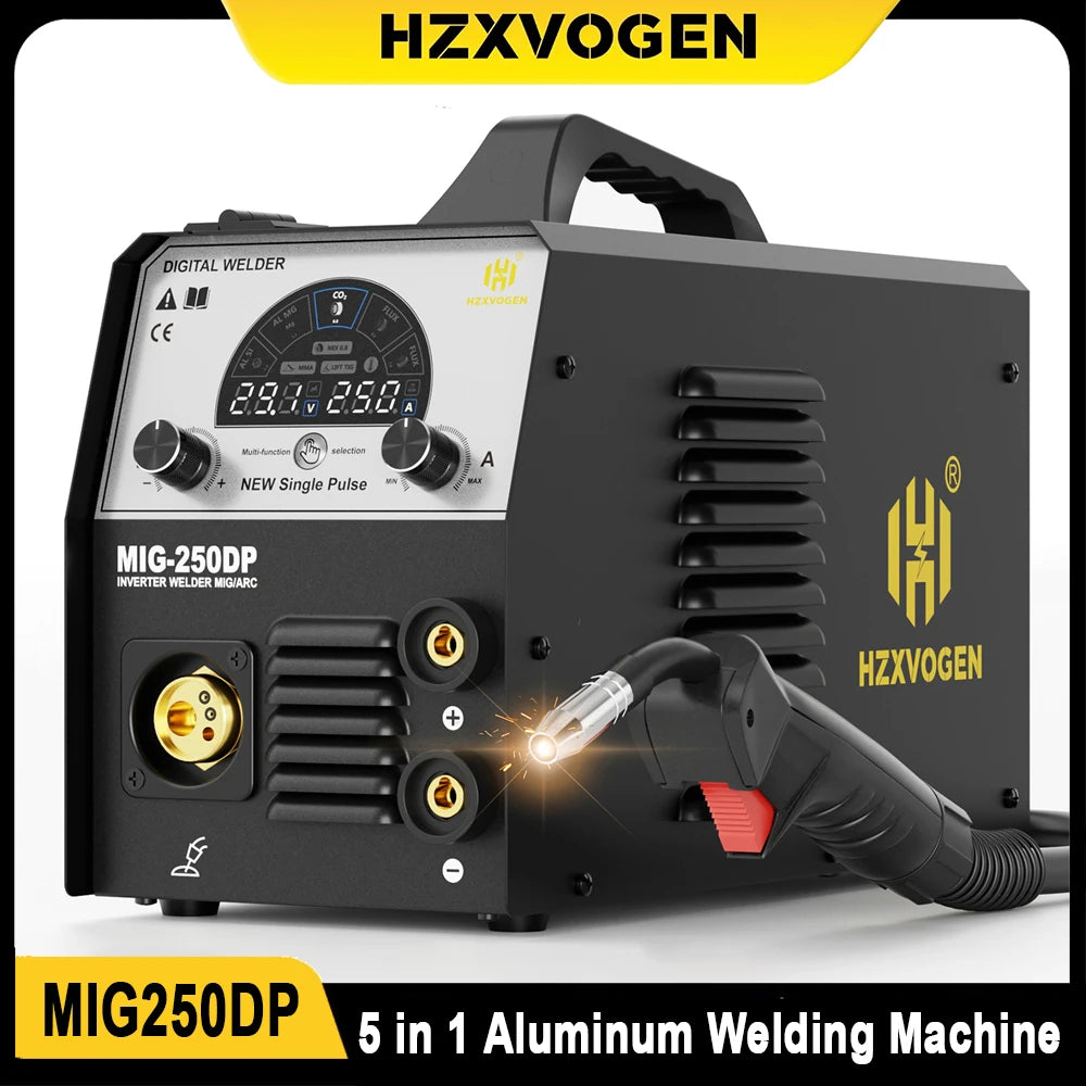 HZXVOGEN MIG250 Aluminum Welding Machine 5 in 1 Stick/Gas MIG/Gasless MIG/Lift TIG/Single Pulse Synergic Control Welder 110/220V