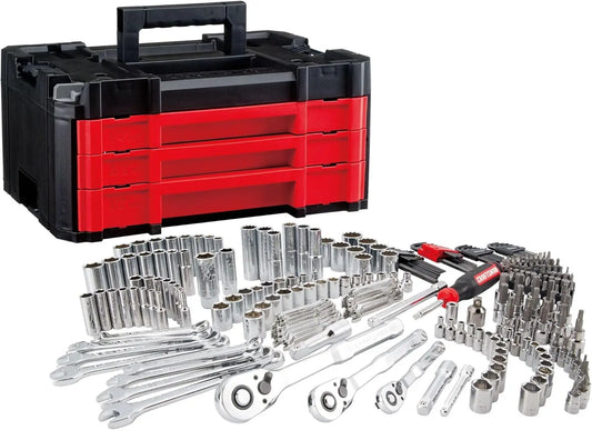 262-Piece Mechanic Tool Set with 3-Drawer Box, SAE & Metric Sockets, Car & Motorcycle Tool Kit with Wrenches & Spark Plug Sockets