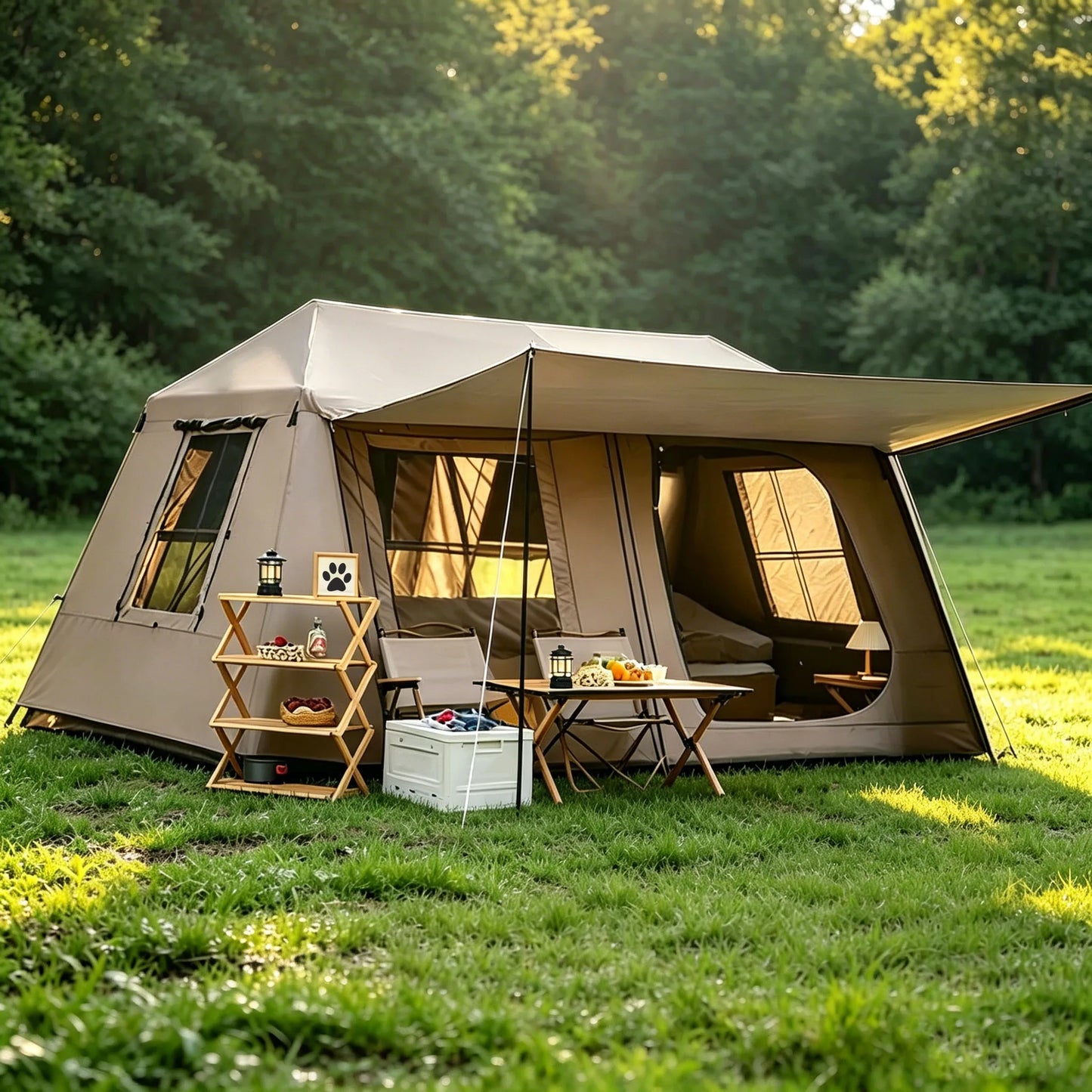 3-Second Fully Automatic Quick-Set Outdoor Camping Tent with Built-in Front Awning; Spacious Interior Ideal for Family Overnight Stays; All-Weather Protection Against Rain, Sun, and Mosquitoes; Well-Ventilated; Suitable for A