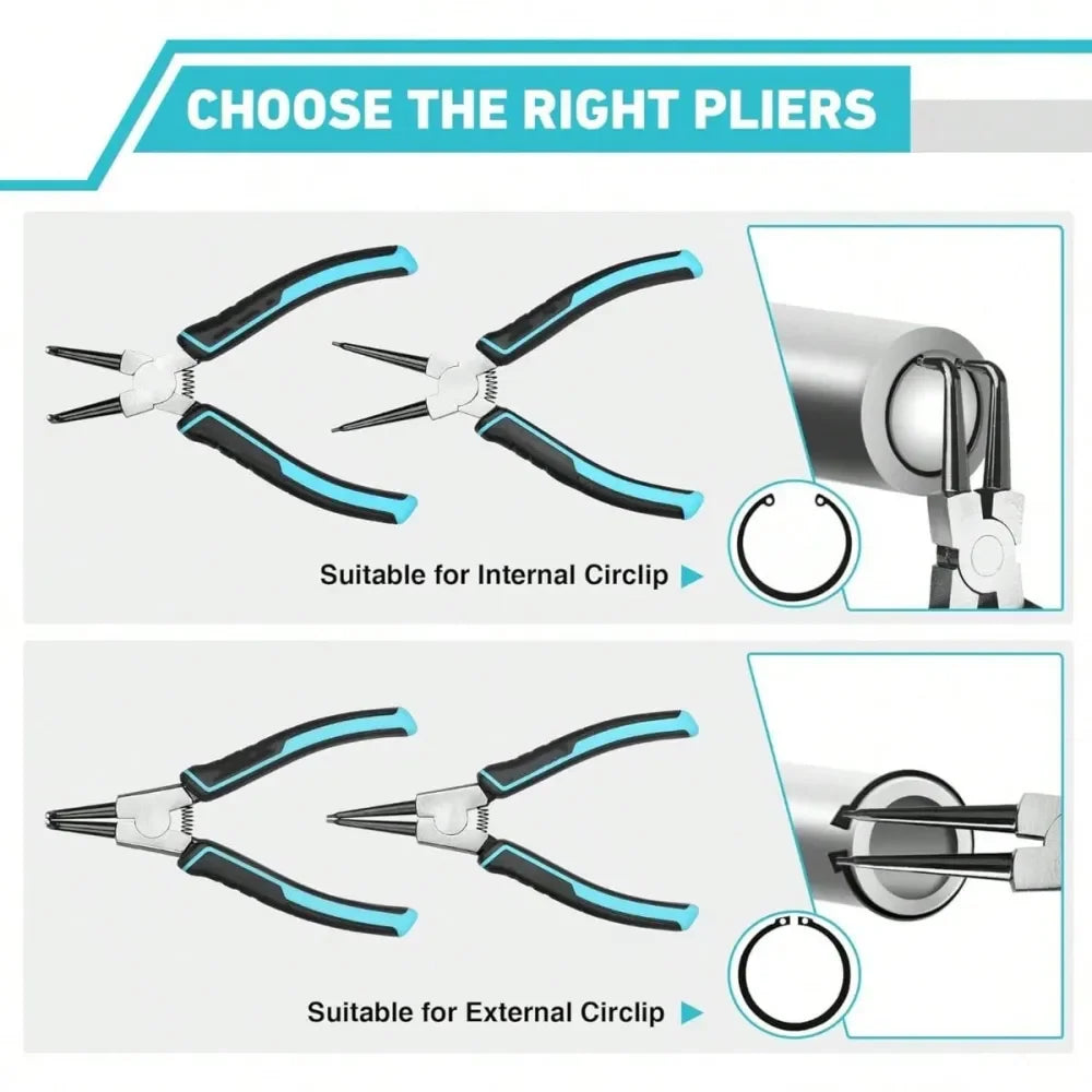 PCS Snap Ring Pliers Set, 7 Inch Heavy Duty Internal External Circlip Pliers Kit With Straight Bent Jaw, Premium CRV Steel, Pre