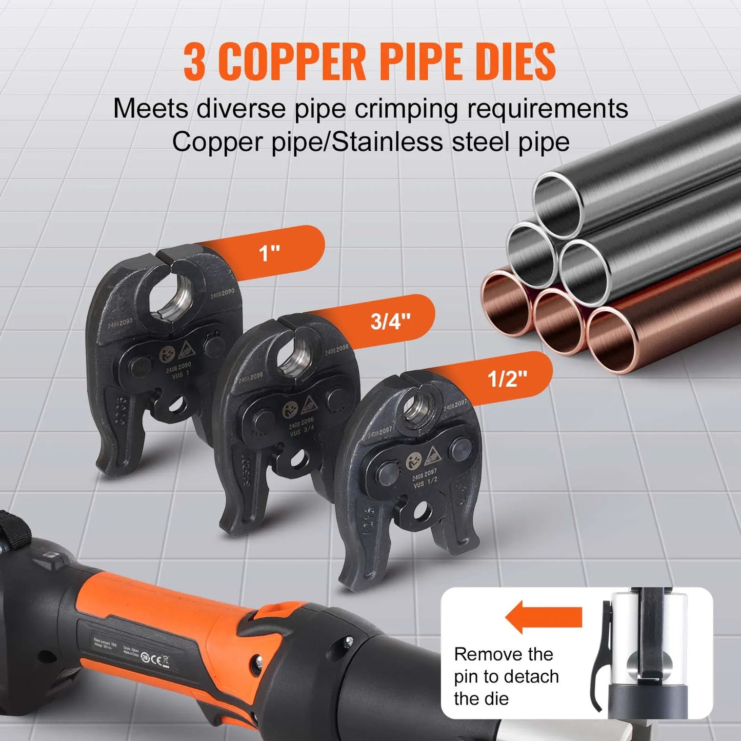 SucceBuy Mini Pro Press Tool 18V Electric Pipe Crimping Tool for 1/2" 3/4" 1" Copper Pipes Press Tool Kit w/ 3 Jaws 2pcs Battery