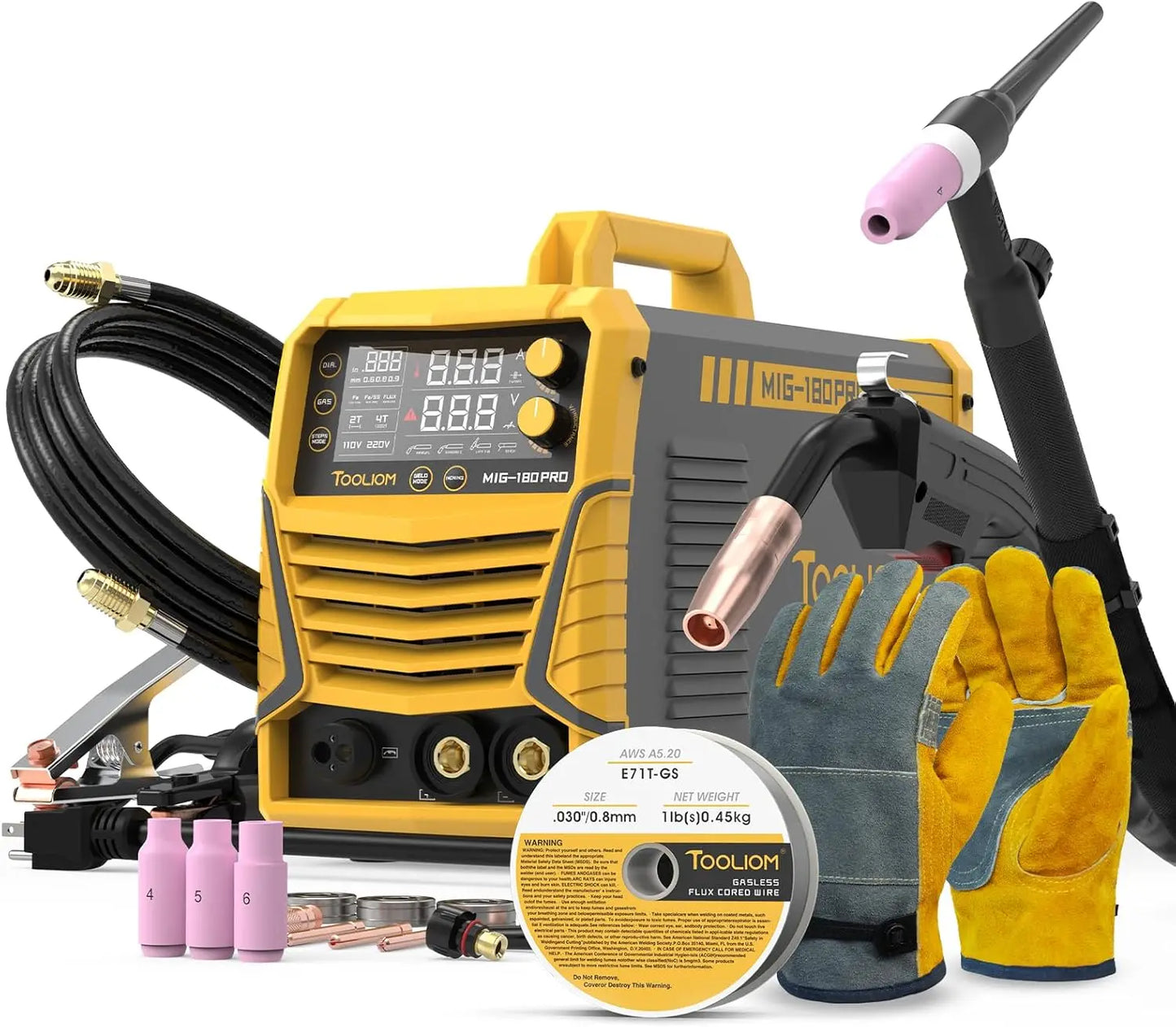 4 in 1 MIG Welder 180A Gas MIG Flux MIG Stick Lift TIG Multiprocess Welding Machine 110V 220V Welder Kit with Lift TIG Torch