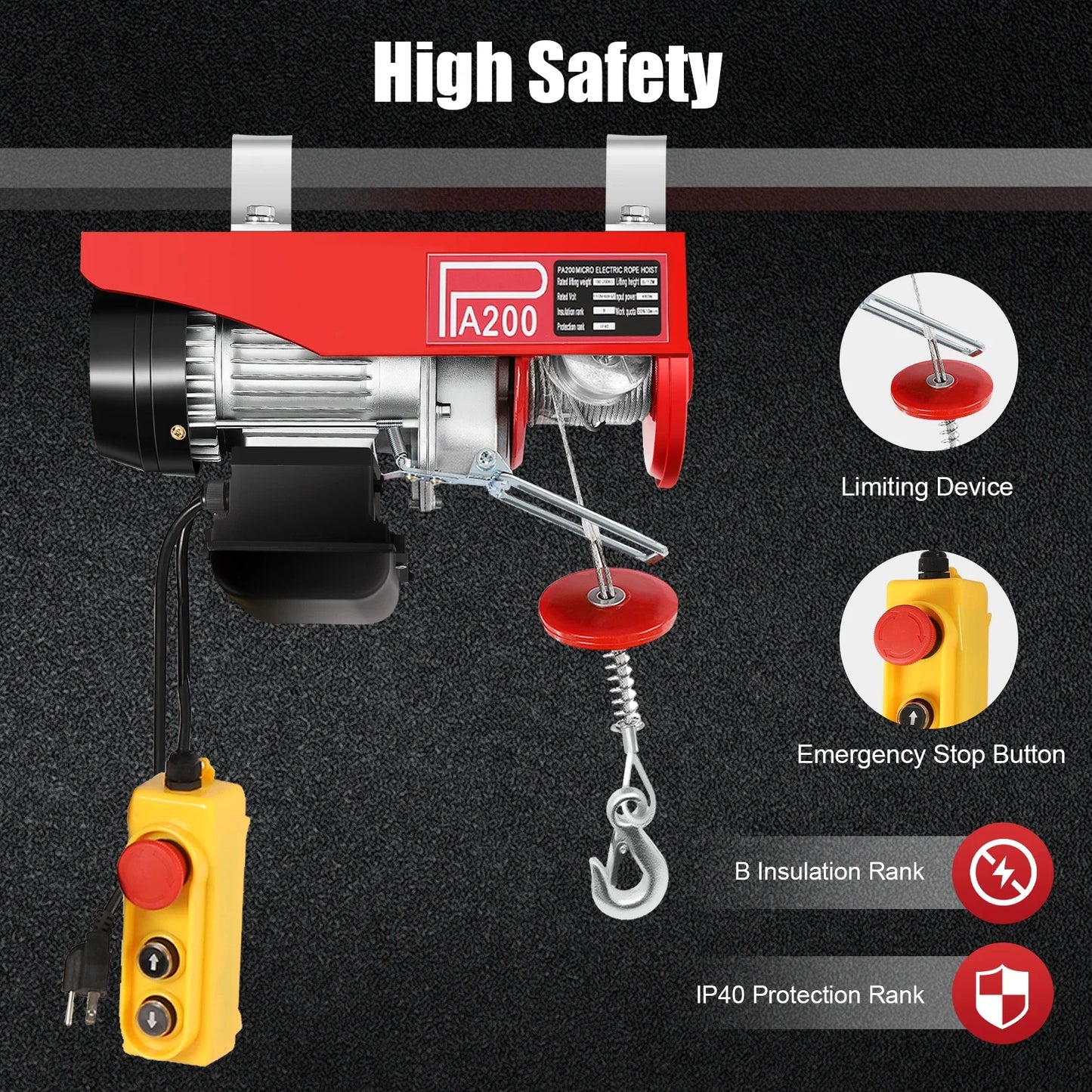 440LBS Electric Hoist Winch 110V Electric Winch with Wired Remote Control & Single/Double Slings Automatic Lift w/Emergency Stop