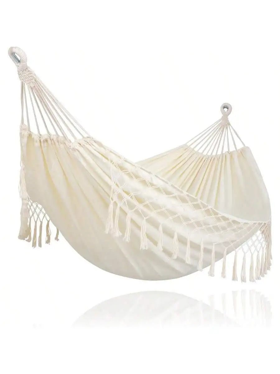 Portable Heavy Duty 2 Person Camping Hammock With Tassels Beige
