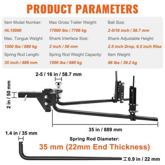 SucceBuy 1000/1500 lbs Distribution Hitch Load Leveling 4 Towing Tongue Distributing Hitches Kit with Sway Control for Trailer