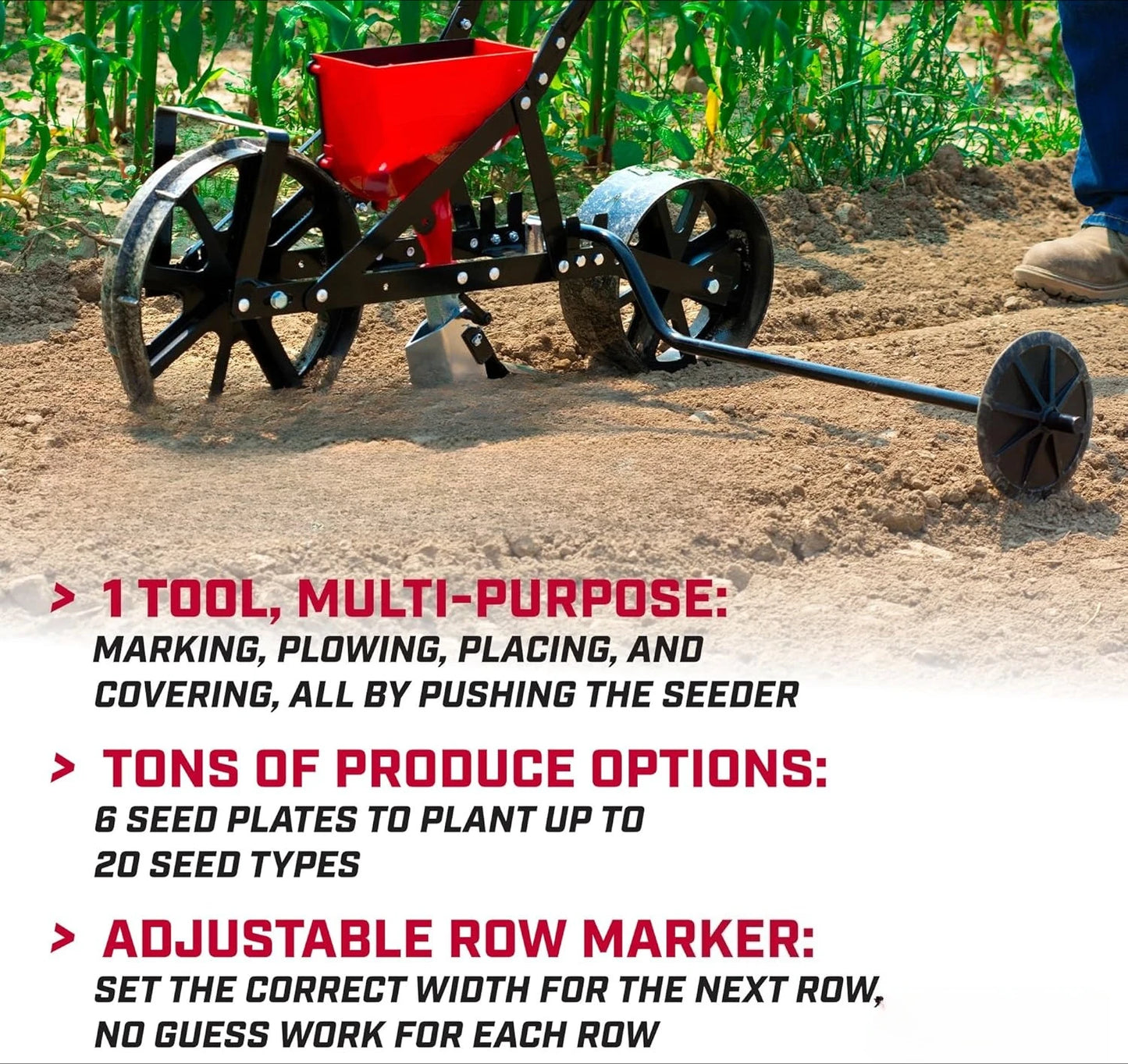 Garden Push Seeder Planter with 6 Seed Plates for up to 20 Varieties of Seeds, Zinc Plow Blade, Row Marker