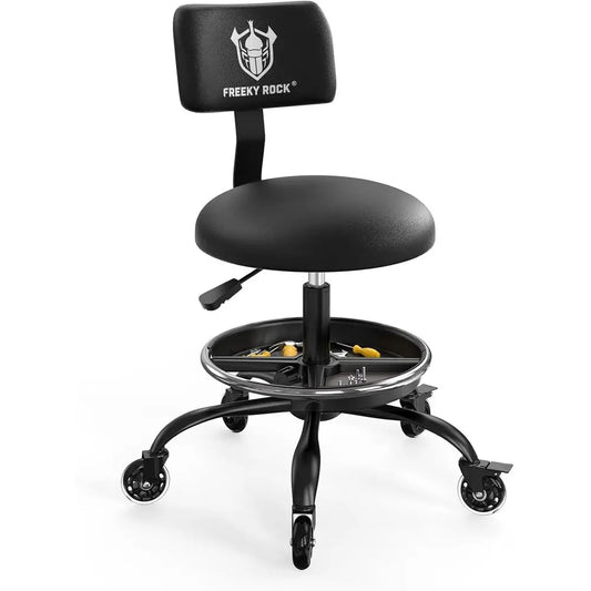 Rolling Shop Stool with Wheels, Garage Mechanic Stool Chair with Backrest, Height Adjustable Heavy Duty Swivel Task Chair, Adjus