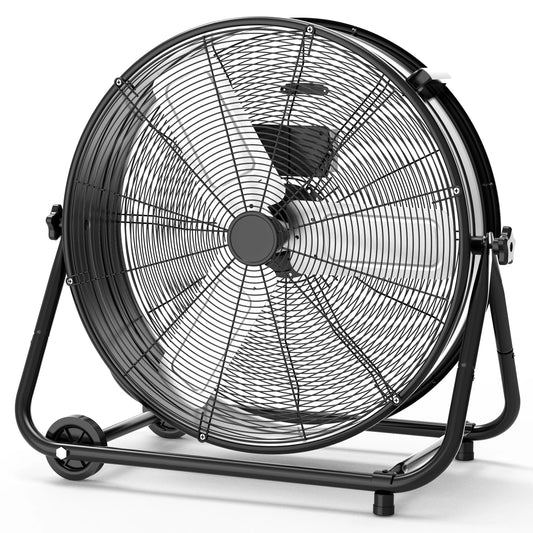 24 In Industrial Drum Fan High Velocity Floor Fan, 3 Speed Heavy Duty Metal Air Circulator Fan, 360° Tilt for Warehouse, Commerc