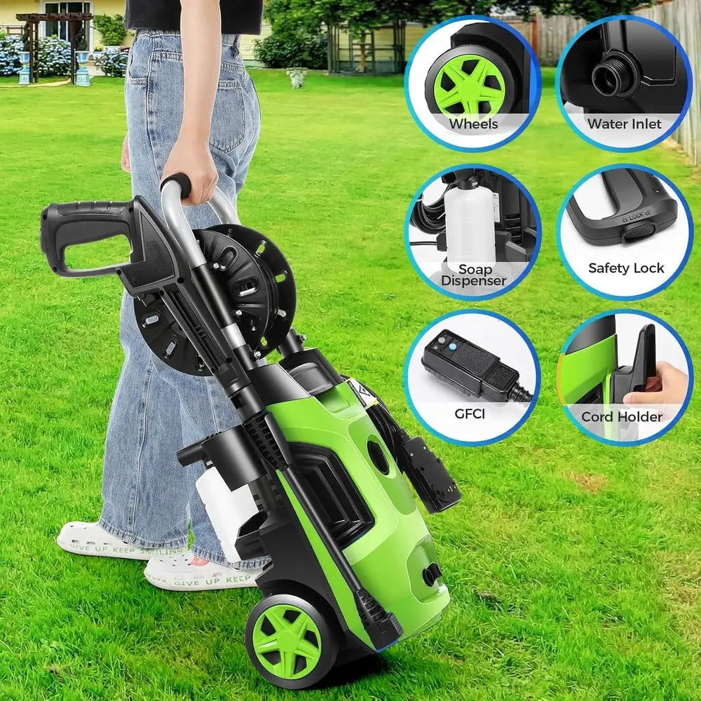 2026 New Green 4800PSI Portable Electric Pressure Washer With 33FT Pipe 4 Nozzles For Home Car Fence Window Cleaning