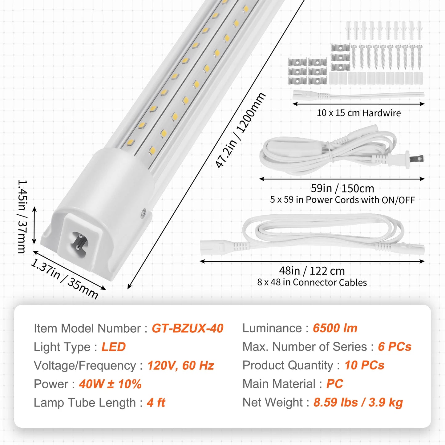 SucceBuy 10Pack LED Shop Light 4/8FT 40/80W  59in Power Cords Switch 48in Connector Cables for Garage Warehouse Home and Office