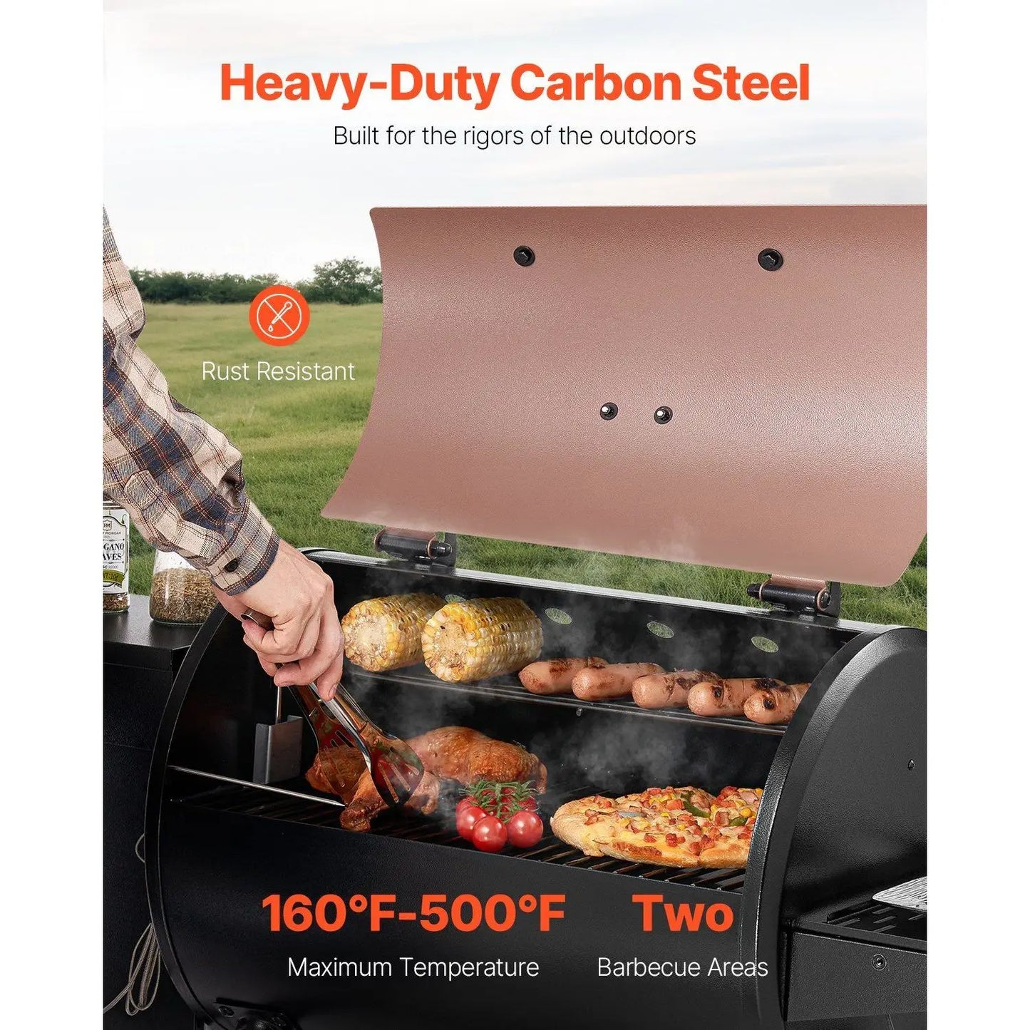 Electric Grill Smoker 8.1 Square Inches Digital Controller Outdoor Cooking Steel Body Chrome Plated With Meat Probe 500F Max BBQ