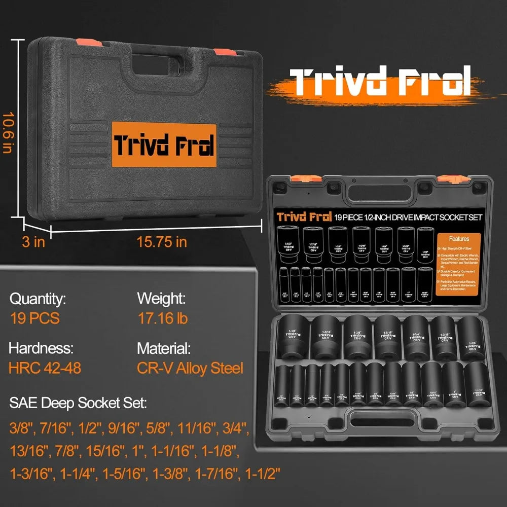 SAE Impact Socket Set - 1/2' Drive, 19pc Deep Socket Set 3/8' to 1-1/2', Cr-V Steel, Double Lock Case