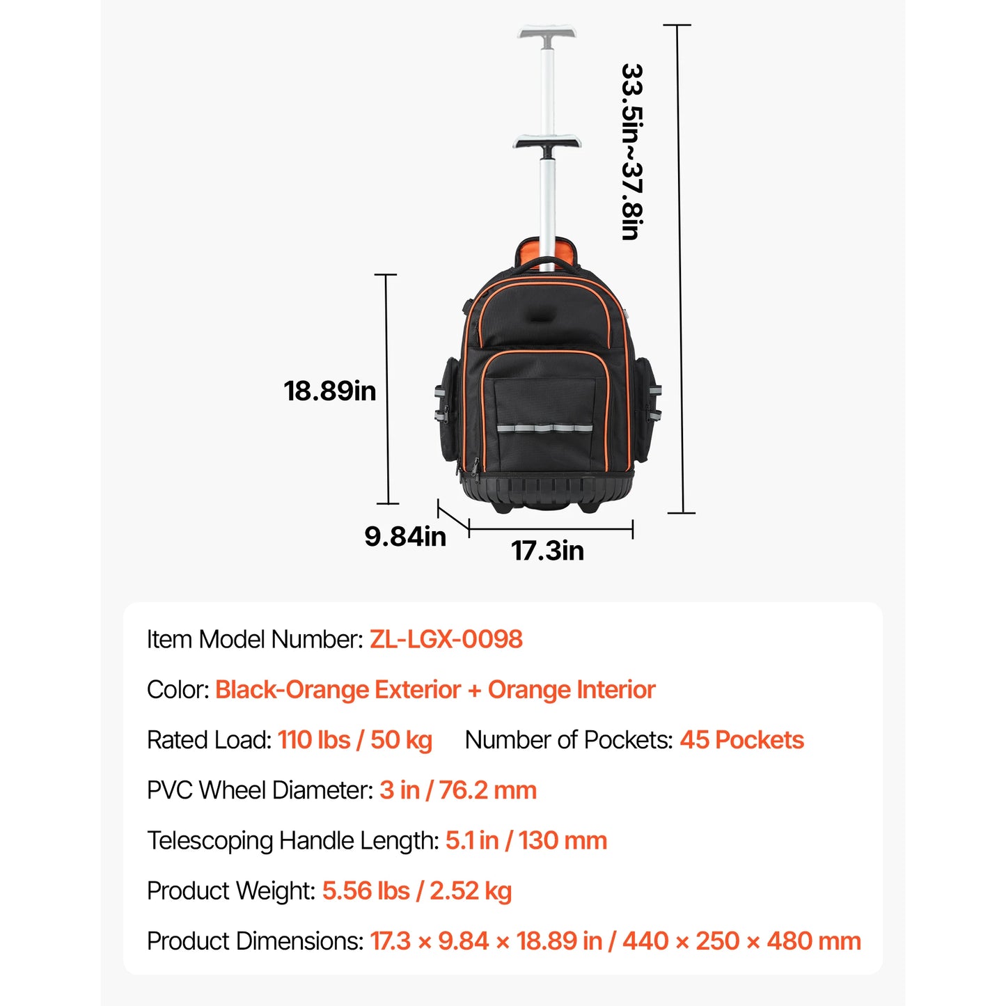 SucceBuy 110lbs Rolling Tool Backpack 14/15in Roller Tool Bag on Wheels with 45/72 Pockets Toolbag Organizers for Mechanic Tools