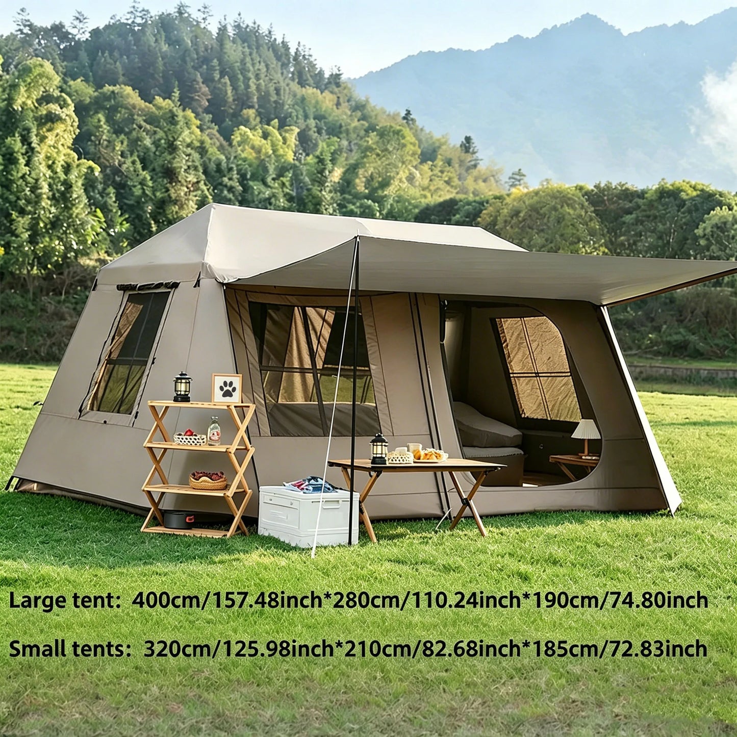 3-Second Fully Automatic Quick-Set Outdoor Camping Tent with Built-in Front Awning; Spacious Interior Ideal for Family Overnight Stays; All-Weather Protection Against Rain, Sun, and Mosquitoes; Well-Ventilated; Suitable for A