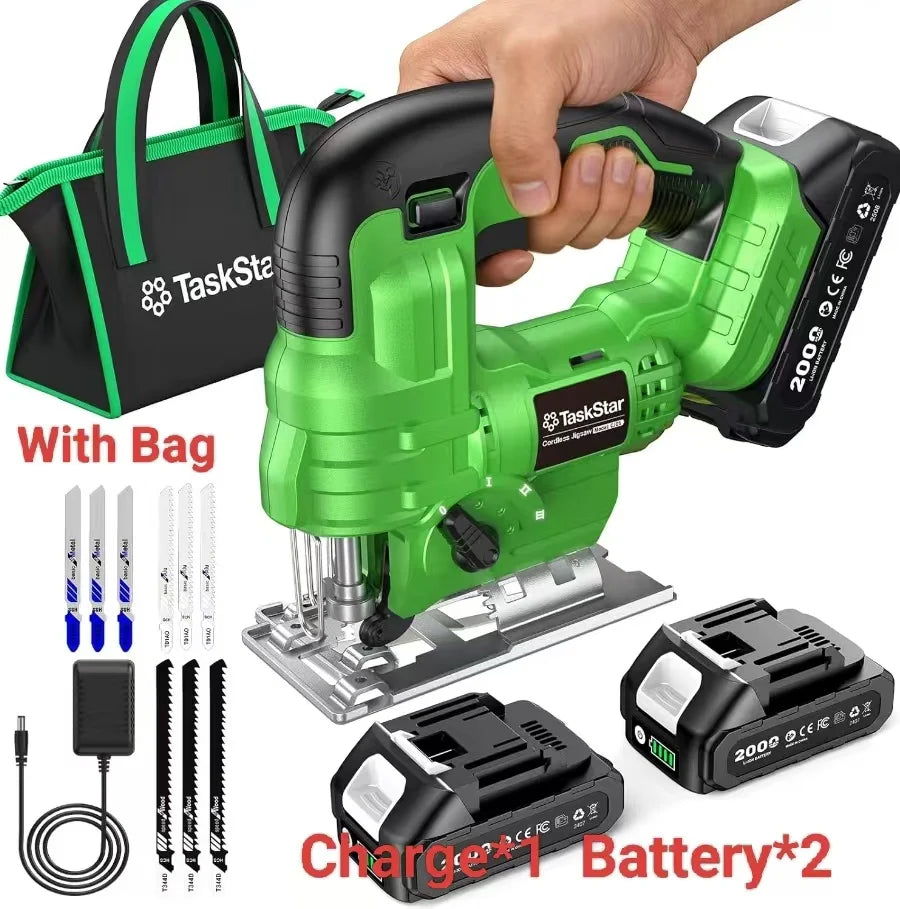 Taskstar Cordless Jig Saw Tool With 2*4.0Ah Batteries Brushless 9 Blades 0–45° Bevel Cutting 4 Orbital Setting Straight Curved Cuts Electric Jigsaw For Makita Battery