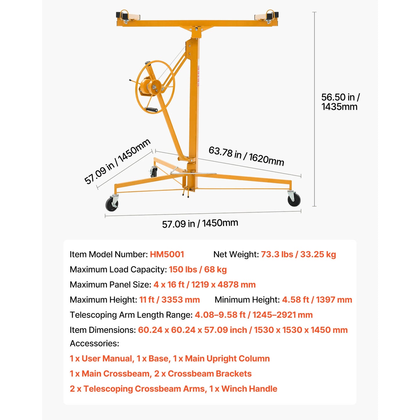 SucceBuy 11ft Drywall Lift Heavy-Duty 150lb Sheetrock Hoist with Adjustable Telescoping Arm Ideal for Ceiling&Wall Installation