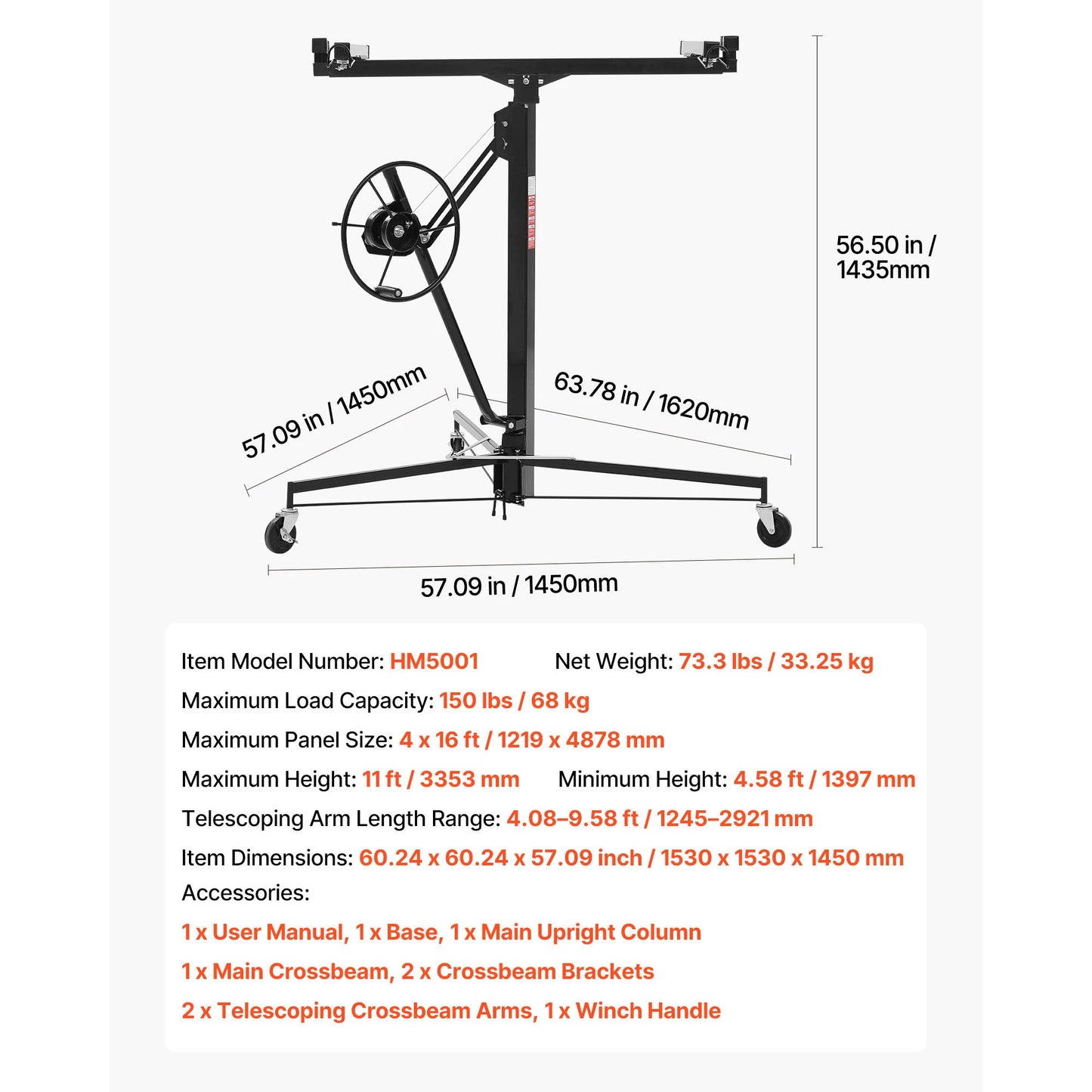 SucceBuy 11ft Drywall Lift Heavy-Duty 150lb Sheetrock Hoist with Adjustable Telescoping Arm Ideal for Ceiling&Wall Installation