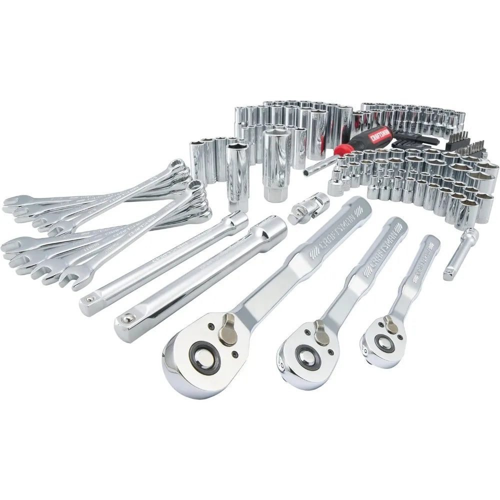 Mechanic Tool Set 135 Pcs, 1/4, 1/2 and 3/8 Inch Drive SAE and Metric Socket Wrench Set with Case (CMMT12124)