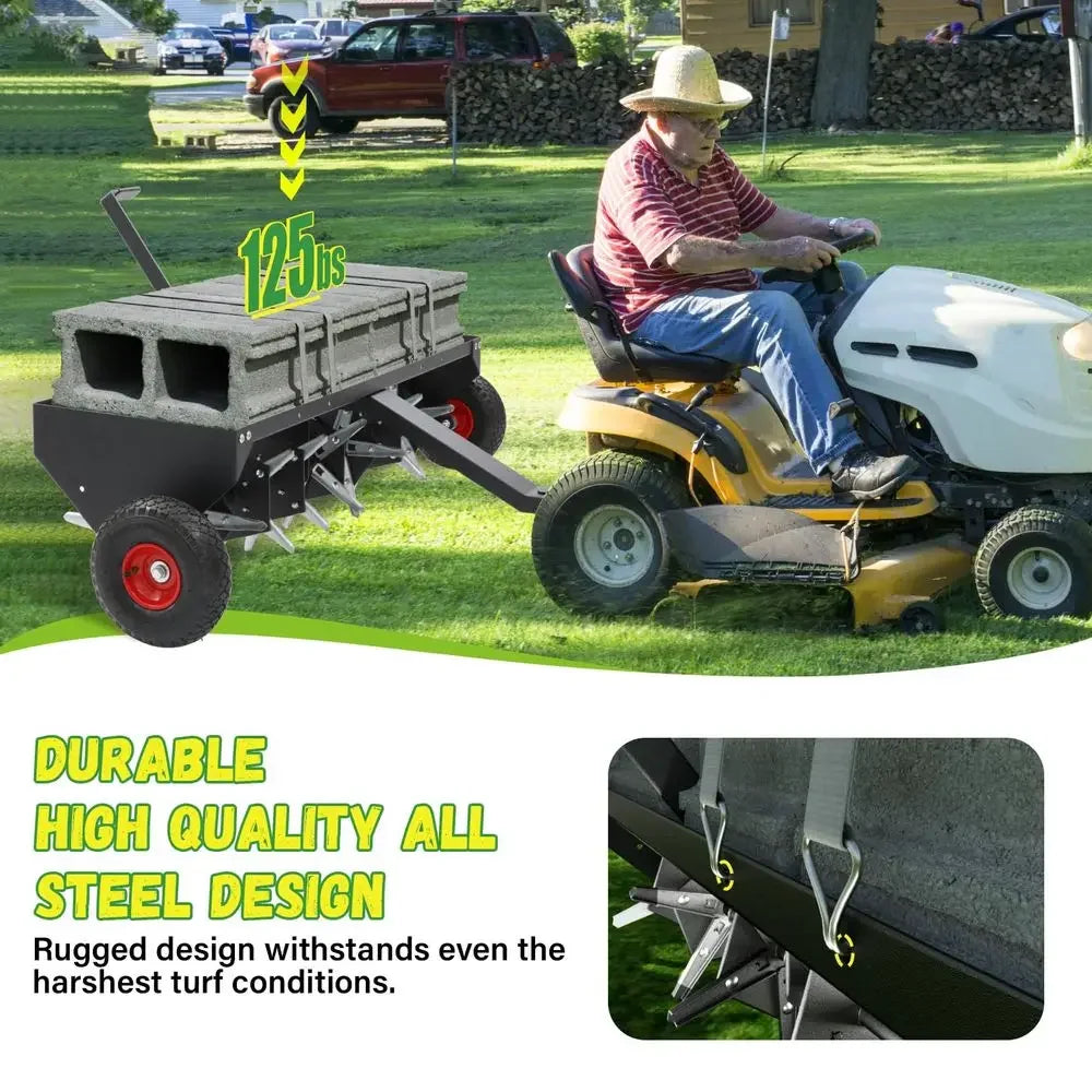 52Inch Tow Behind Lawn Plug Aerator with Universal Hitch, Lawn Aerator Tow Behind with 40 Galvanised Steel Tines,Tray and Infla