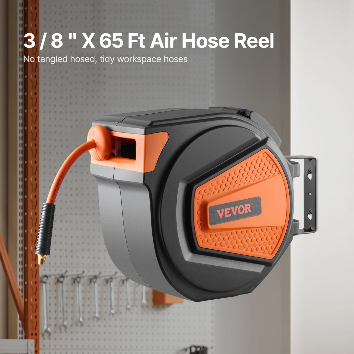 SucceBuy Retractable Air Hose Reel 3/8IN x 65FT Hybrid Air Compressor Hose Reel Auto-Rewind Ceiling/Wall Mount Enclosed PP Reel